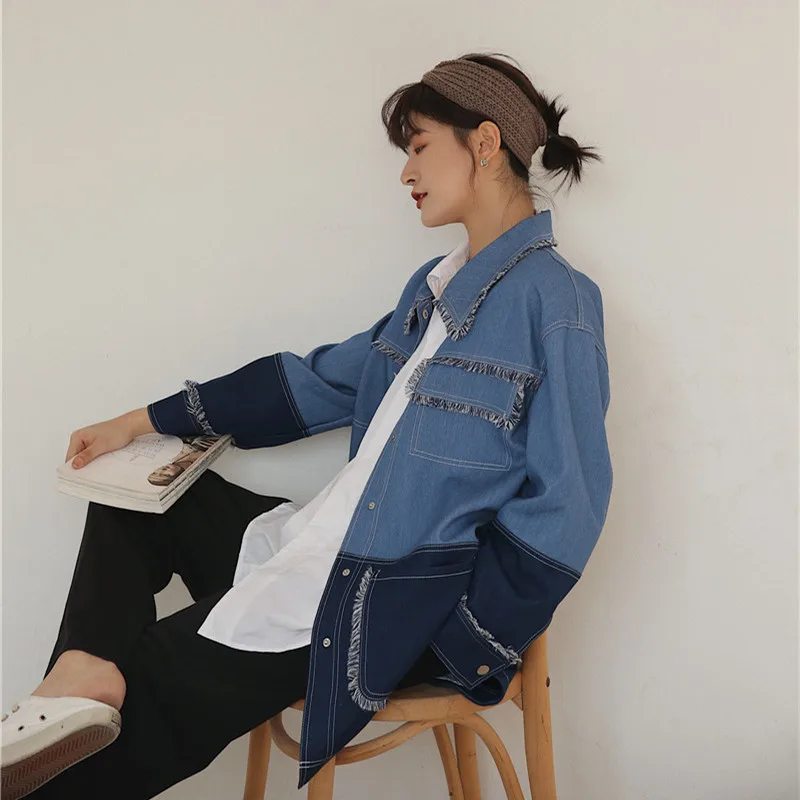 Tassel jean coat women temperament Spliced Long-sleeved Denim Jacket Casual Fashion Loose Plus Woman Coat 2020 Spring New NZY109 |