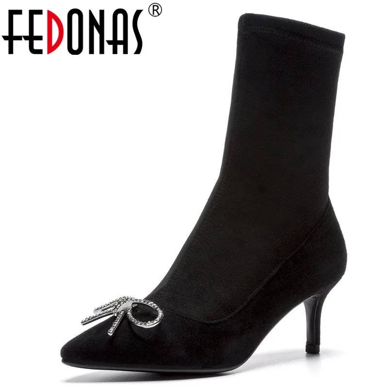 Женские замшевые ботинки FEDONAS теплые на тонком каблуке с бантом-бабочкой | Обувь