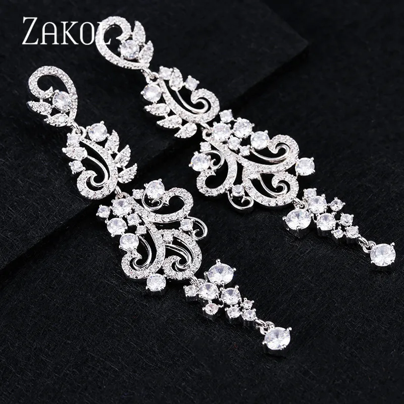 ZAKOL модные свадебные длинные висячие серьги с фианитами и кристаллами в форме