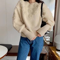 fashion loose knit jumper lantern sleeve knitted sweater women vintage thick soft embroidery flower pullovers coat
