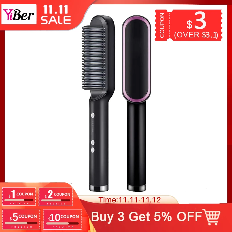

2 in 1 Hair Straightener Comb Fast Hot Heating Beard Combs Electric Hair Brush Straightener Styler Curling Iron Anti-Scald