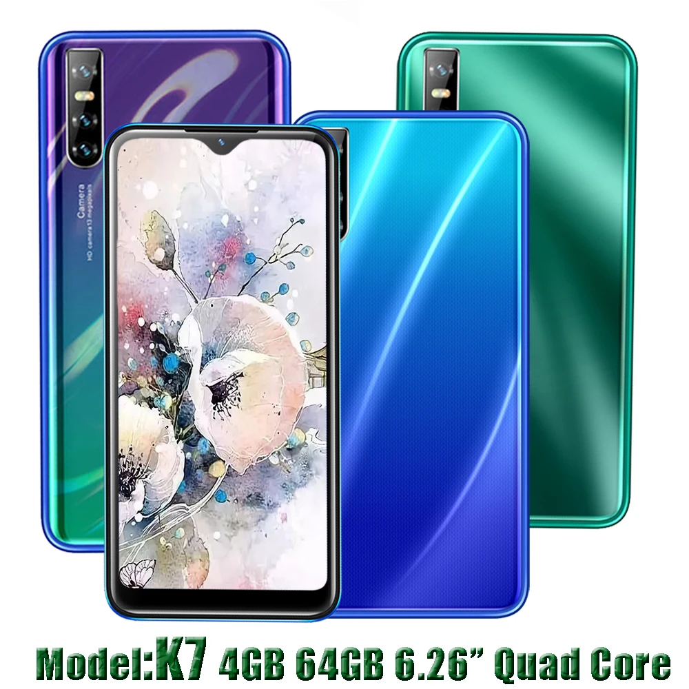 

K7 64GB ROM 4GB RAM Smartphones Quad Core 13MP HD Face ID 6.26 inch Water Drop Screen unlocked celulares Android Mobile Phone