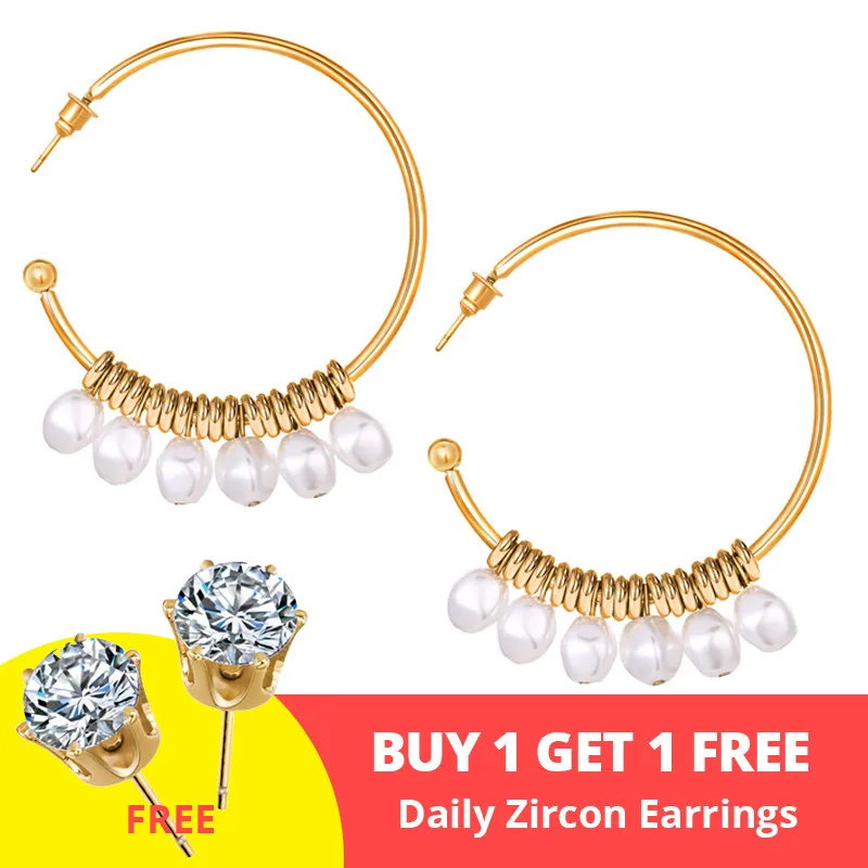 buy 1 get 1 free 17 км большие жемчужные серьги-кольца для женщин и девушек, большие серьги, уникальный круглый серьги, новинка, Brinco, массивные модные ювелирные изделия - Окраска металла: buy 1 get 1 free