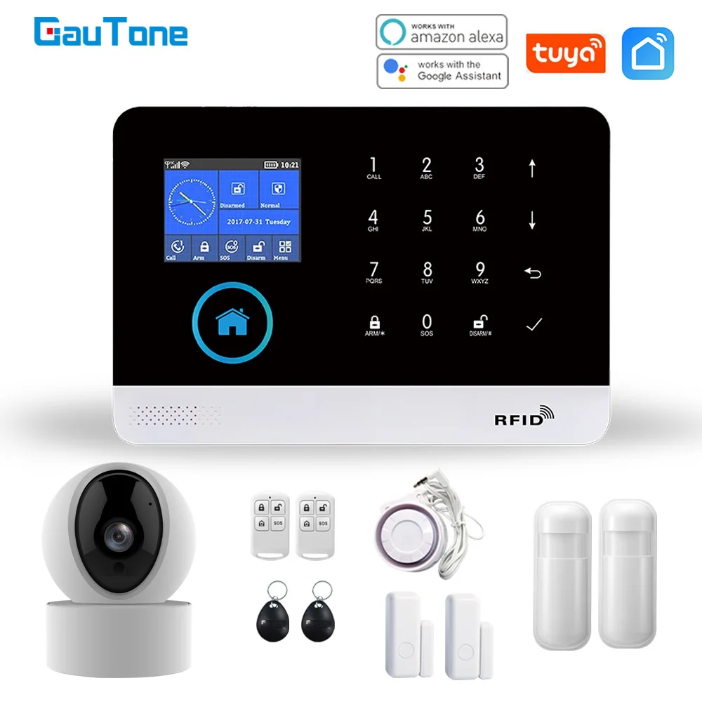 GauTone WiFi GSM Alarm System Tuya Smart Life App Control for Home Security with IP Camera RFID Card Security Alarm Smart House