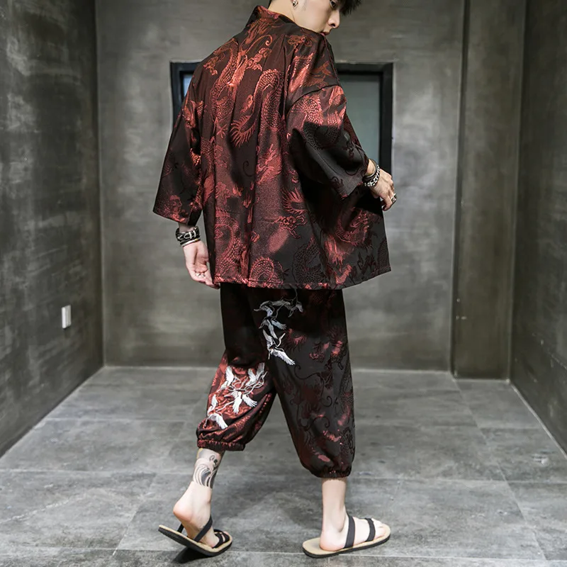 

Japanese Style Vintage Kimono Haori Pants Set Men Traditional Bottom Harajuku Streetwear Samurai Cardigan Costume Yukata