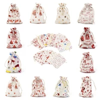 50pcs christmas tree santa claus elk printed linen cotton drawstring bags birthday party candy jewelry gift packaging pouches