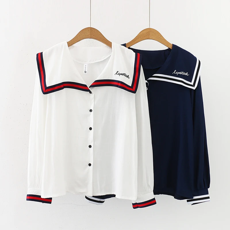 Женские блузки 2019 модные с длинным рукавом матросский воротник вышивка письмо