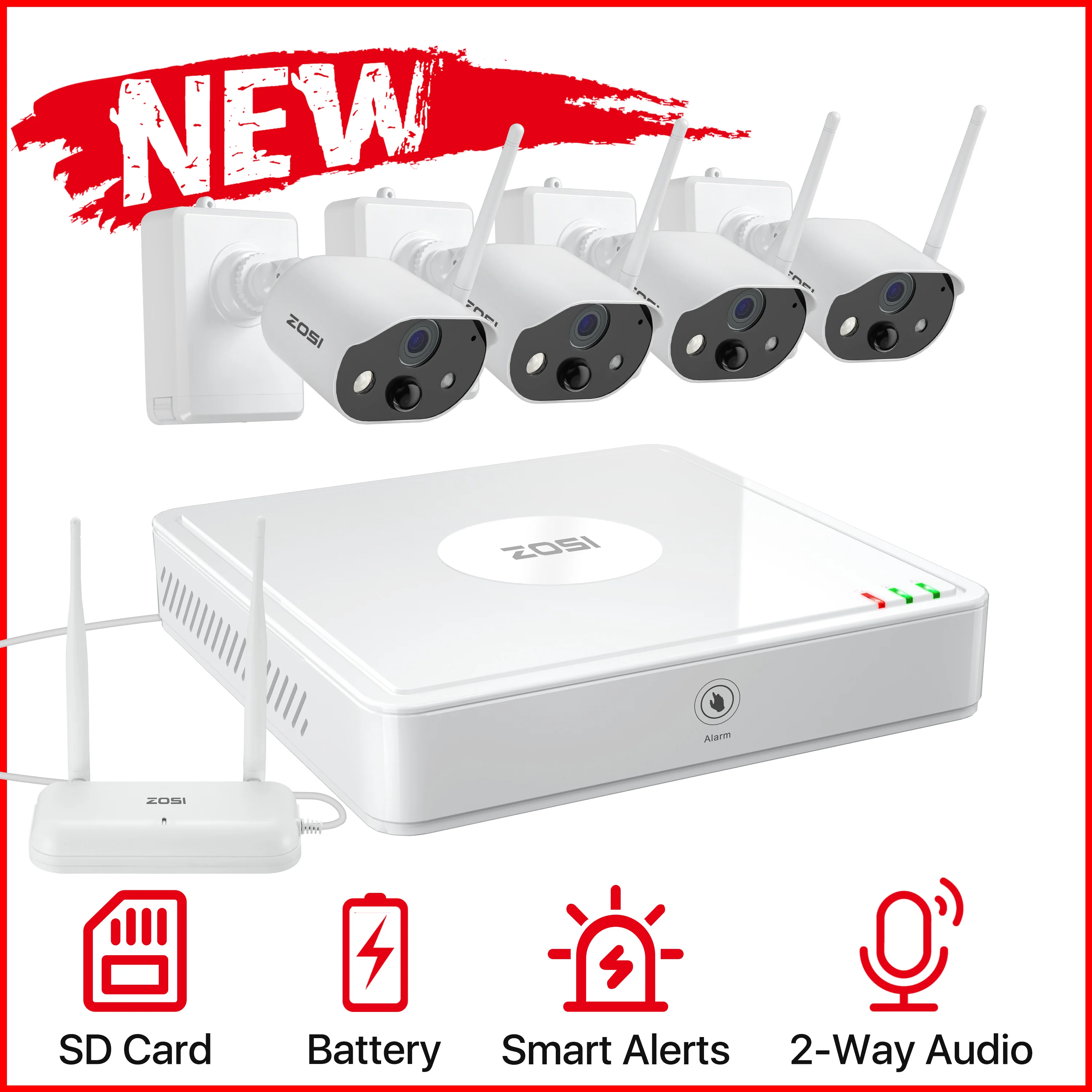 

ZOSI Wire Free Battery Surveillance System Outdoor 4Channel NVR 2/4 1080p Rechargeable Battery Powered Security Cameras,TF Card