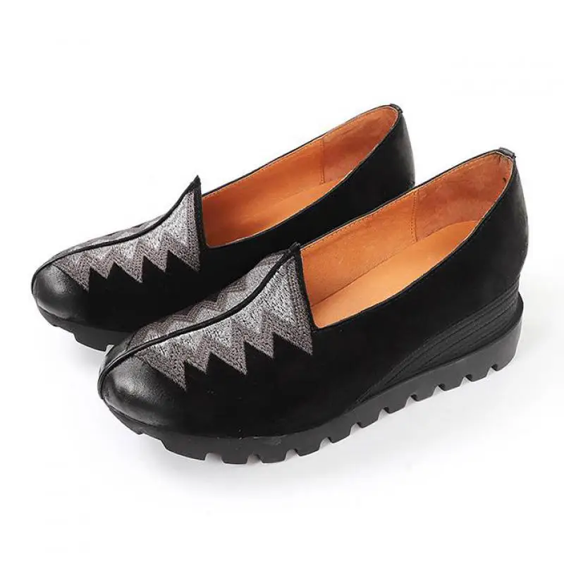 

YourSeason Black Women Retro Pumps Shoes Genuine Leather Wedges Round Toe Casual Handmade Platform Ladies Shoes 2020 High Heels