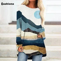 cashiona landscape print top ladies elegant leisure casual t shirt loose womens tee pullovers 2021 spring autumn shirt clothing