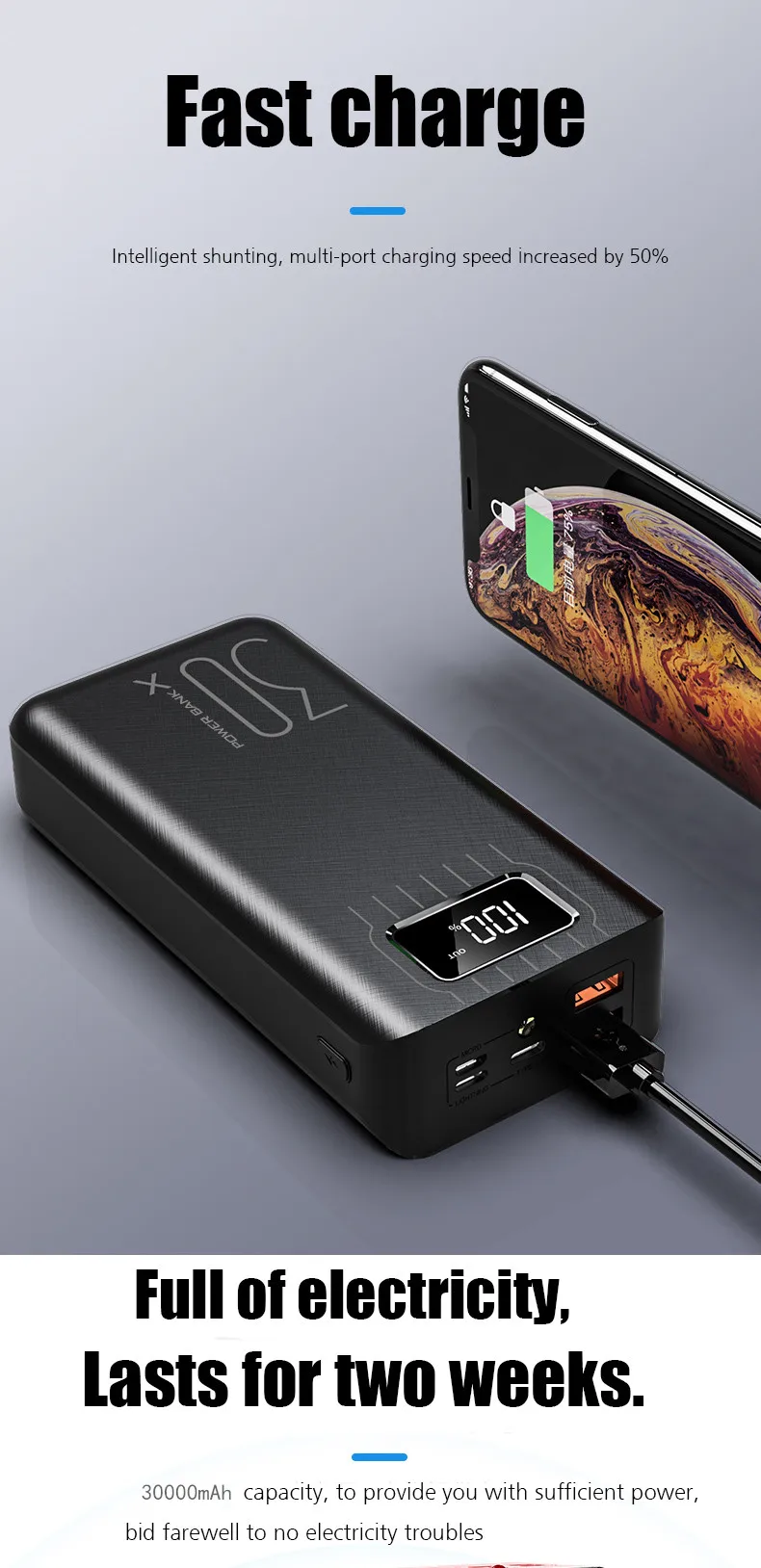 18650 Внешний аккумулятор 30000 мАч Внешний аккумулятор 2 USB QC Быстрая Зарядка Внешний аккумулятор светодиодный дисплей портативное зарядное устройство для телефона для Xiaomi