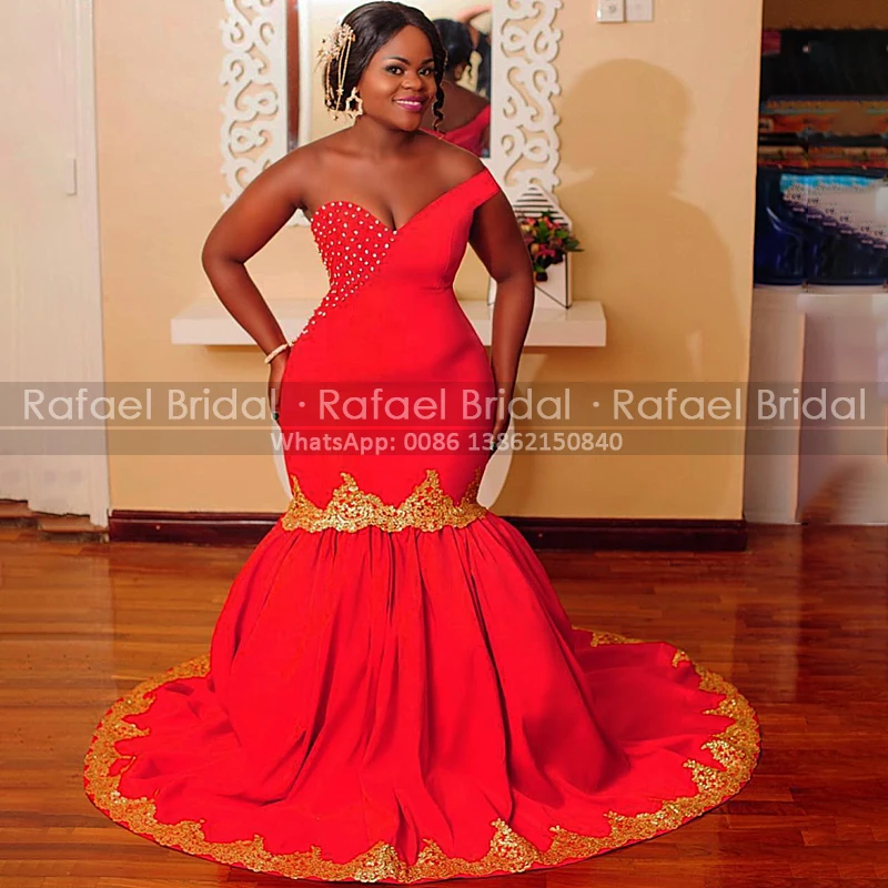 2021 размера плюс Русалка Вечерние платья с золотыми аппликациями бусины красное