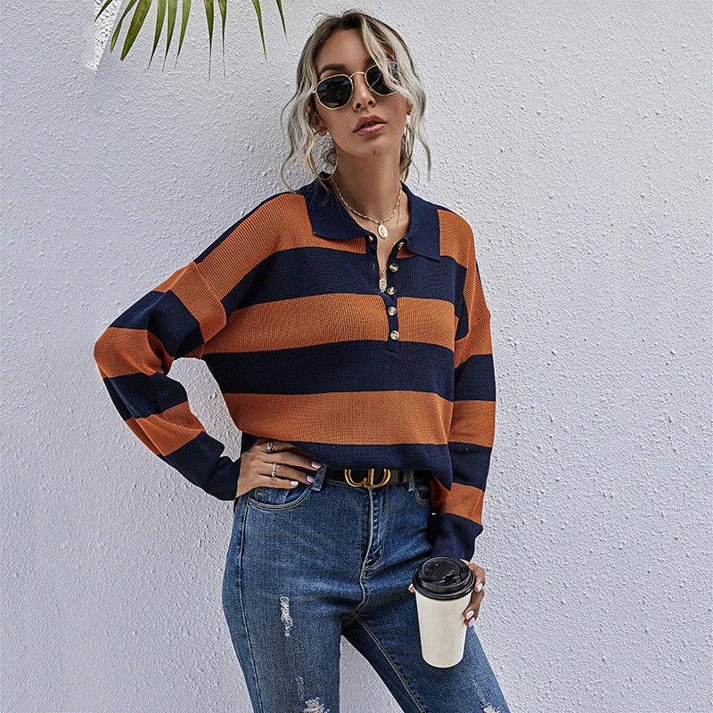 

Women Casual Full Sleeve Knitted Pullovers Sweater Tops for Women New Turn Down Collar Striped Jumper Sweater Autumn Winter New