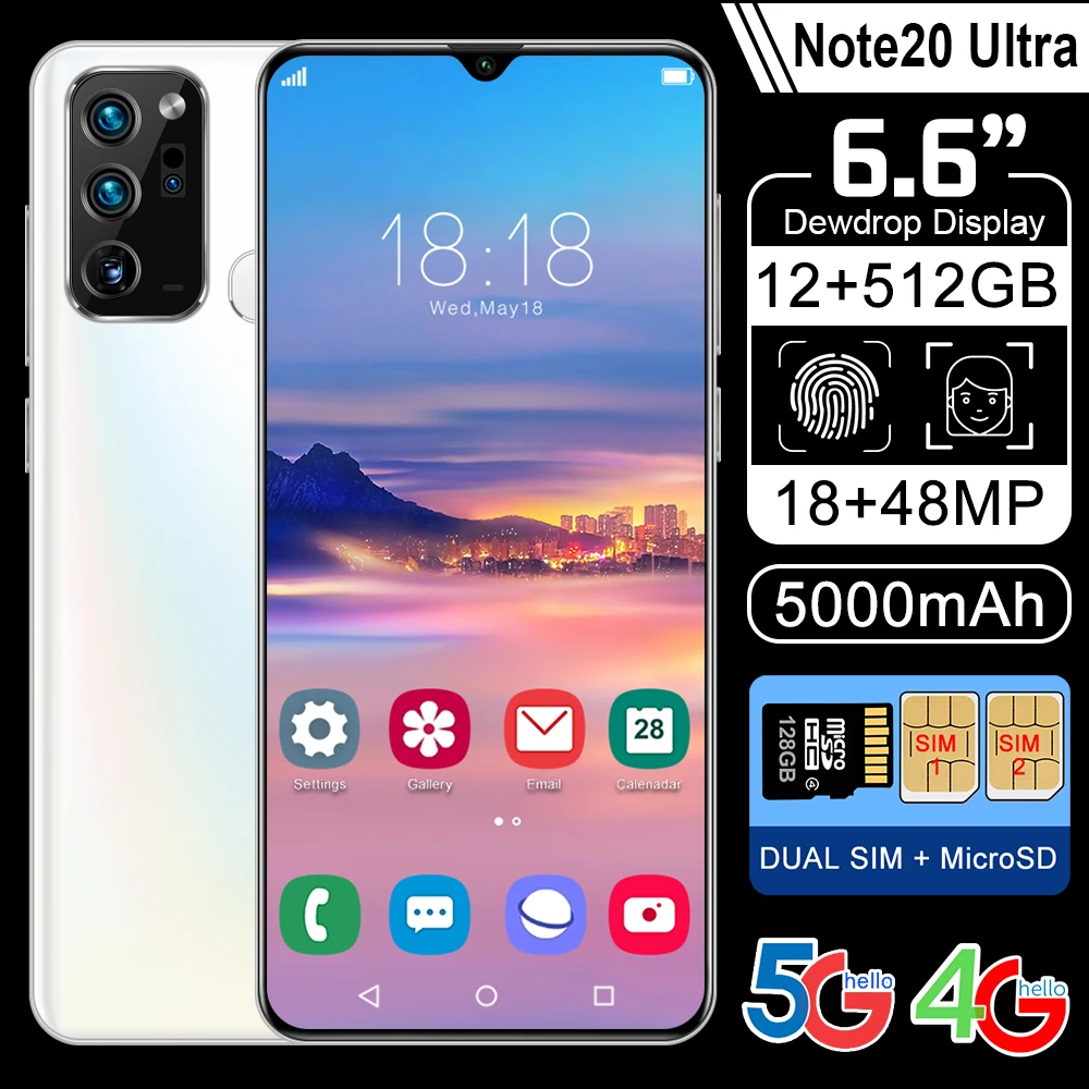 

Note20 Ultra 6.6in Dewdrop Display Global Version 12+512GB Push-Button Phone MT6889 Deca Core Dual SIM+Micr Unlocked Cell Phones
