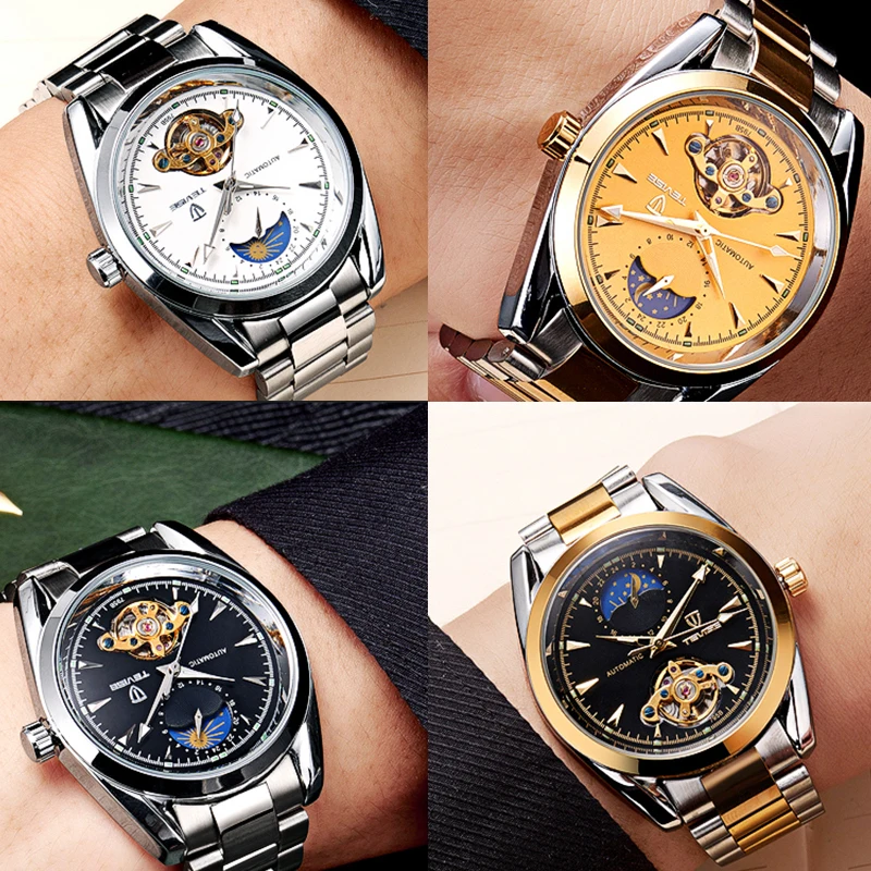 TEVISE Мужские механические часы Moon Phase автоматические из нержавеющей стали мужские