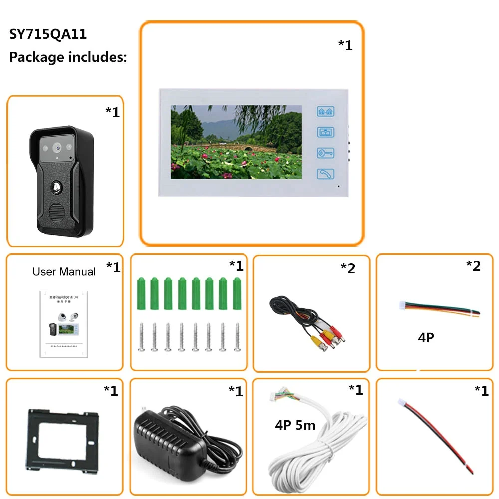 

7 inch Record Wired Video Door Phone Doorbell Intercom System with 2pcs AHD 1080P Camera and 2CH Security Camera