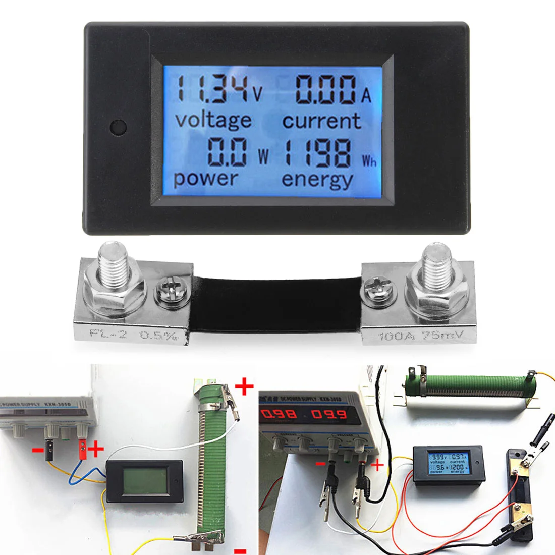 Портативный 100A DC Цифровой Многофункциональный измеритель мощности энергии монитор модуль Вольтметр Амперметр с шунтом