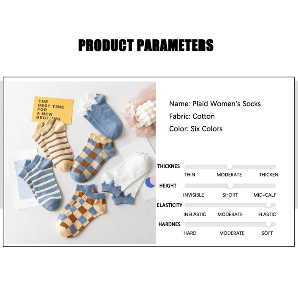 

6 Pairs Spring Summer Cute Women Socks Preppy Style Boat Socks Plaid Stripe Kawaii Girl Low Top Breathable Students Tide Socks