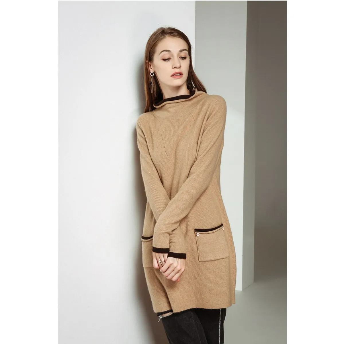 

LA.TENDRE New Arrival Women Autumn Winter Basic Knitted Turtleneck Sweater Female Camel Long Pullovers Pockets design Warm Tops