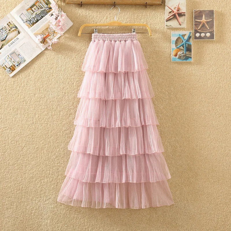 

2021 New Gauze Women Skirts 6 Layer Solid Lady Elegant Party Skirts Long Female Fashion Bottoms Fashion Skirts