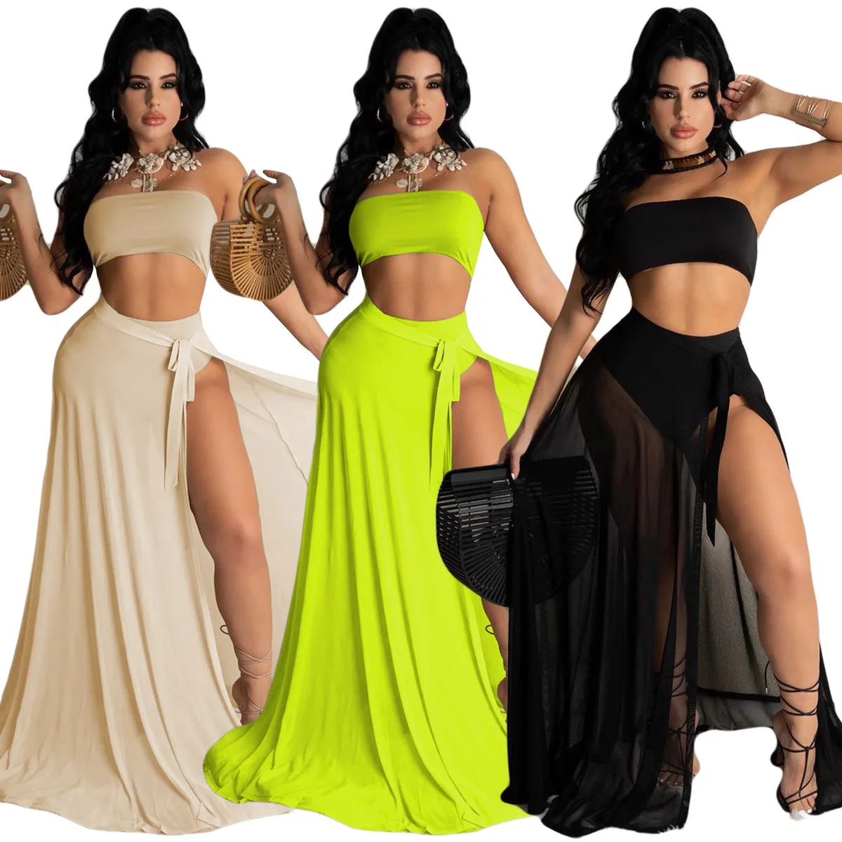 

Sexy See-Through Skirt Suit Three-Piece Large Size Women's Tube Top + Briefs + Long Skirt Straps Fashion Trend Skirt Suit 2021
