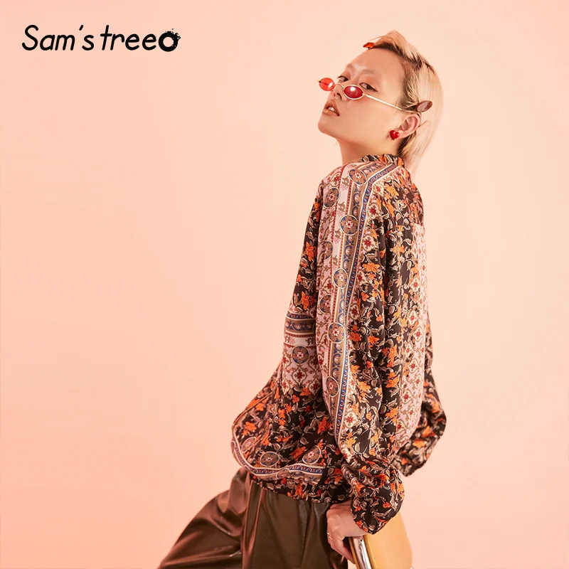 Samstree винтажное Женское пальто с цветочным принтом, осень, новая уличная мода, женские куртки, Повседневная Свободная одежда для офисных леди