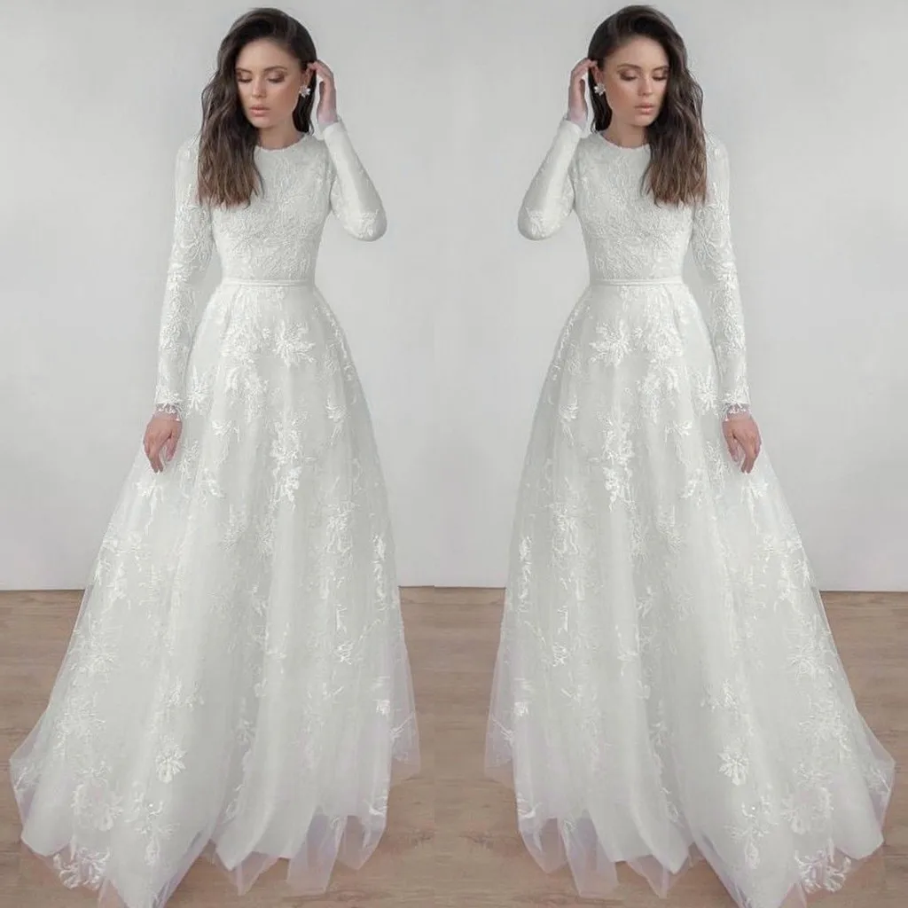 Однотонное кружевное платье с круглым вырезом и длинным рукавом модная женская