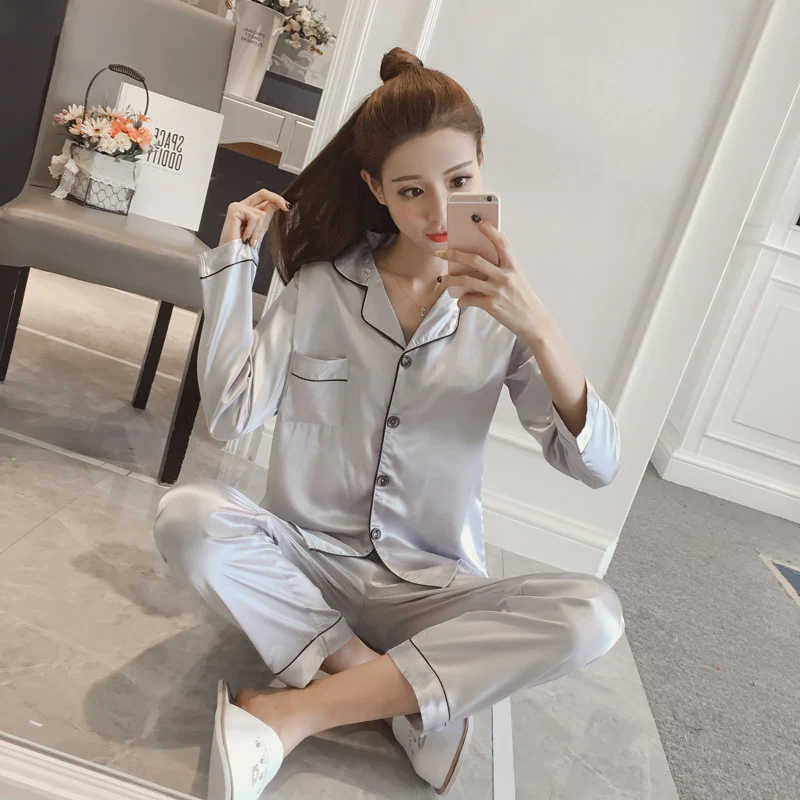 

Women Silk Pajamas Girls Pijamas Suit Satin Nightdress Pyjama Autumn Comfortable Long Sleeve Tops Long Pants Set Plus Size J55