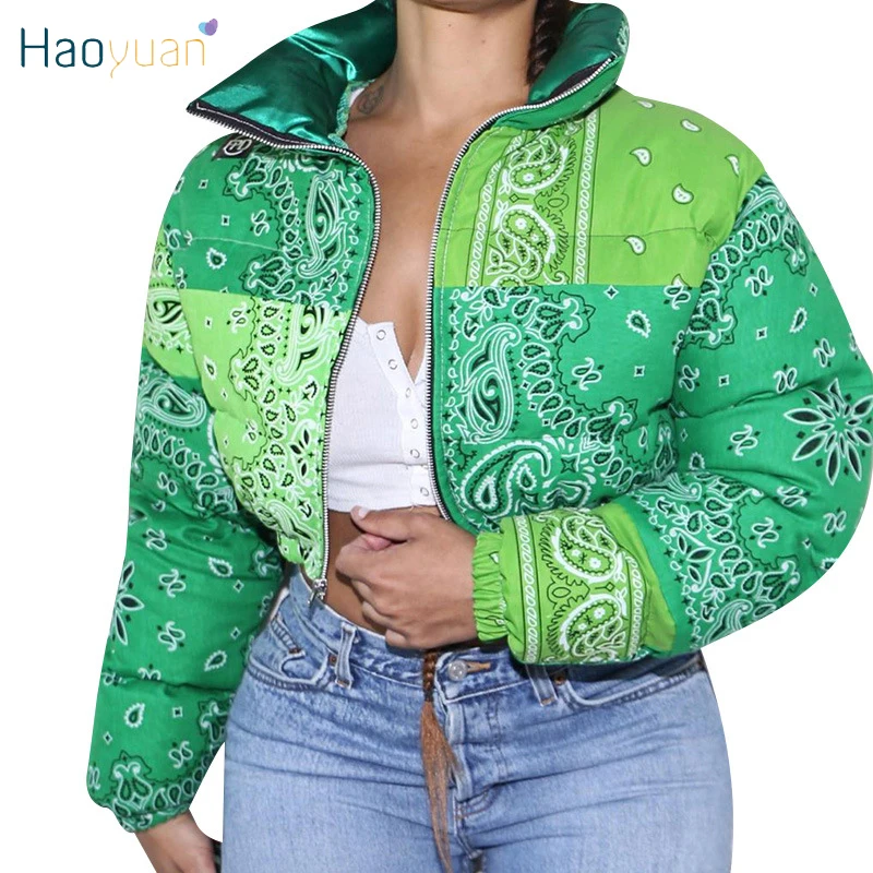 

HAOYUAN Casual Print Puffer Bandana Jacket Winter Coat for Women Warm Fashion Clothing Streetwear Crop Parka Puffer Bubble Coat