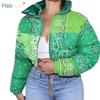 haoyuan casual print puffer bandana jacket winter coat for women warm fashion clothing streetwear crop parka puffer bubble coat