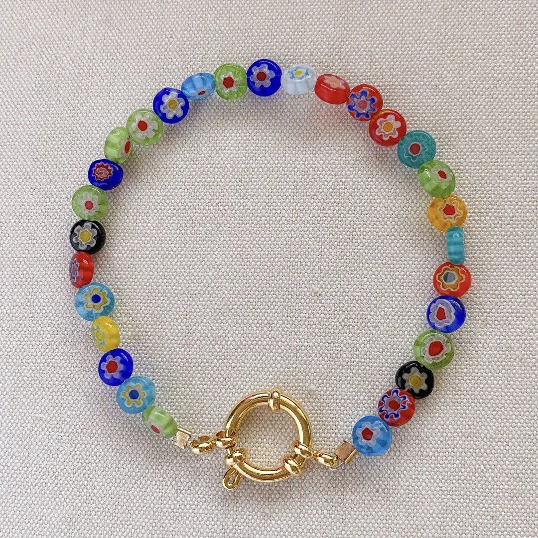 

5PCS, Round Shape Flower Pattern Lampwork Glass Beads Bracelet Freshwater Pearl Charm Bracelets