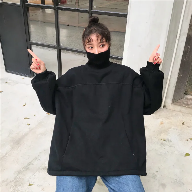 

Hoodies Women Solid Loose Turtleneck Large Size Harajuku Plus Velvet Thicker Student All-match Tops Trendy Daily Chic Hot Warm