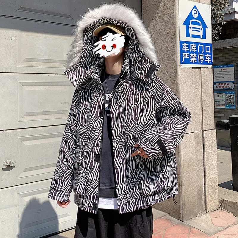Zebra Pattern Large Fur Collar Cotton Coat Men's Fashion Couple Hooded Workwear Cotton Coat Men's Fashion Brand Winter Thermal