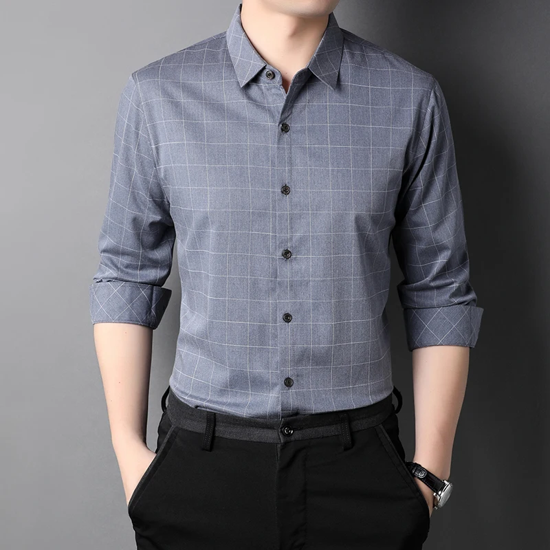 

2021 Brand Men's Long Sleeve Shirts Classic Plaid Middle-aged Casual Slim Shirt Business Social Party Men Clothing Chemise Homme