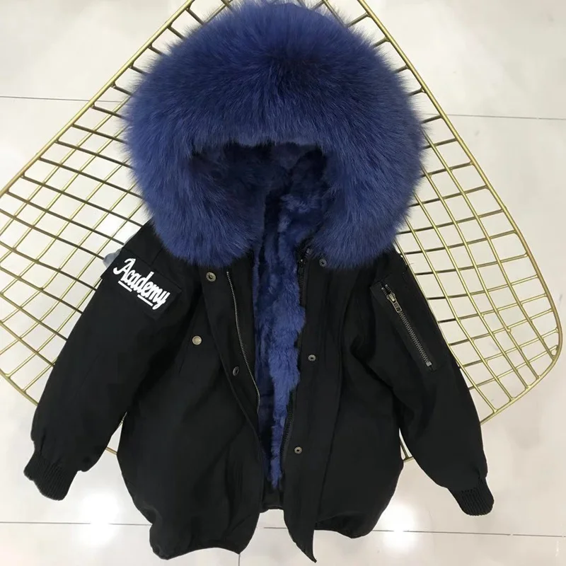 black lake fur Настоящий мех кролика, парки, пальто с капюшоном из лисьего меха, Детская куртка для мальчиков и девочек, ветровка, детская зимняя одежда - Цвет: black lake fur