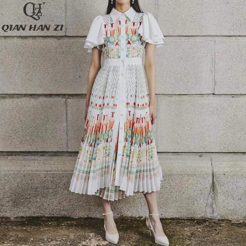Qian Han Zi designer runway fashion  summer dress Women ruffle sleeves vintage Pattern print Single-breasted Elegant beach dress