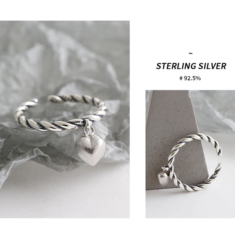 SUNIANGON Hemp Rope Heart Ring Real 925 Sterling Silver Rough Vintage Open Small For Women Gif | Украшения и аксессуары