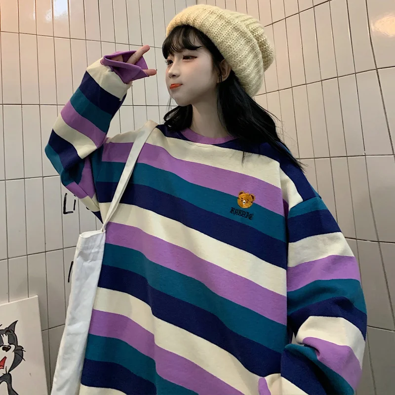 

Американская футболка в полоску с длинным рукавом и медведем в стиле оверсайз, Женский просторный Топ в стиле Харадзюку в гонконгском стиле...