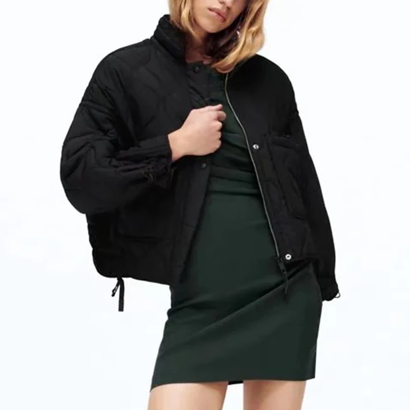 

WXWT Za Women Black Oversize Pocket Decorate Thin Hooded Parkas 2021 Long Sleeve Female Casual Warm Coat CD8265