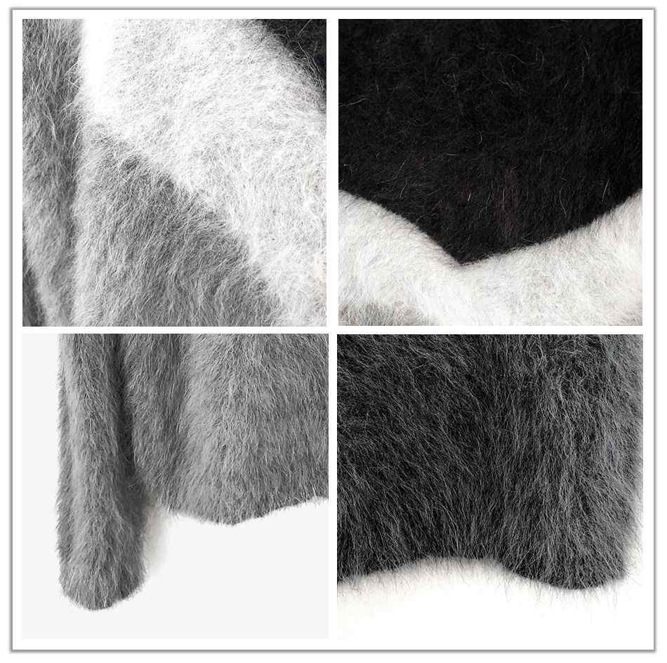 BAHTLEE Women Angora V-neck Pullovers Sweater Autumn Winter Wool Knitted Geometric Designs Jumper Long Sleeves Loose style