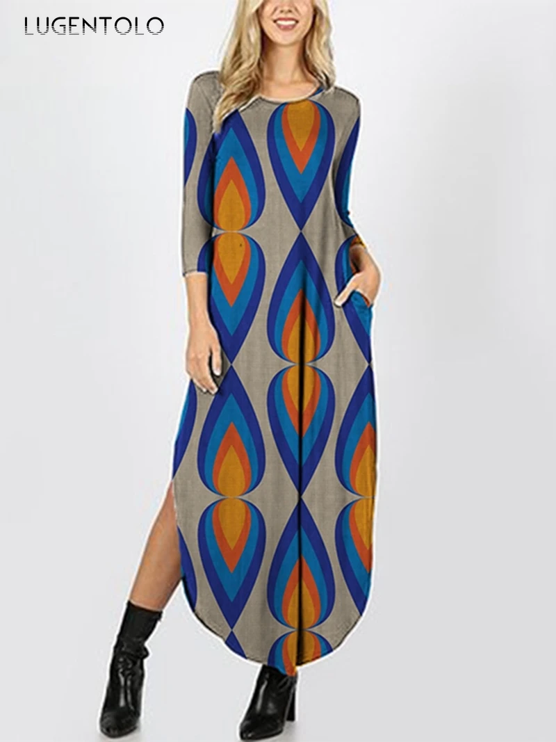 

Women Long Dress Print Fashion Dinner Retro Dresses O-neck Pullover Hale Sleeve Straight Loose Irregular Woman Dress Long