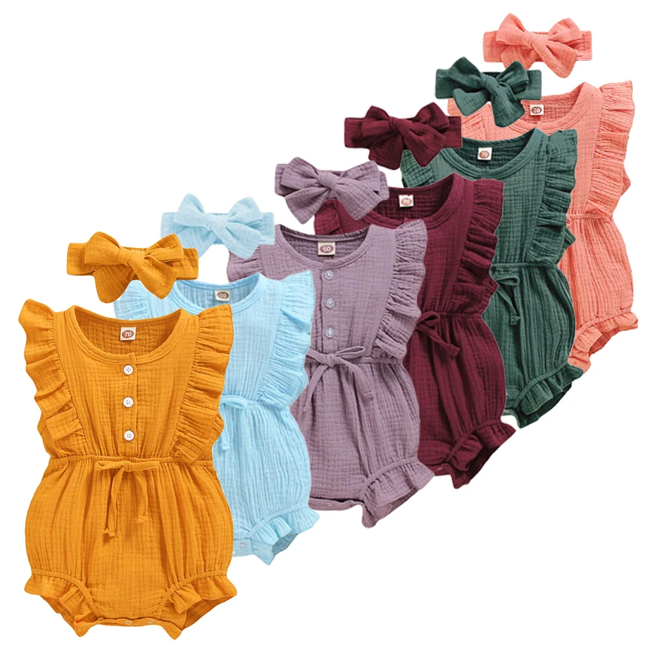 

New Born Rompers with Headband Summer Baby Clothes with Covered Button Ruffles Newborn Cotton Linen Jumpsuit Girl Clothes 0-24M