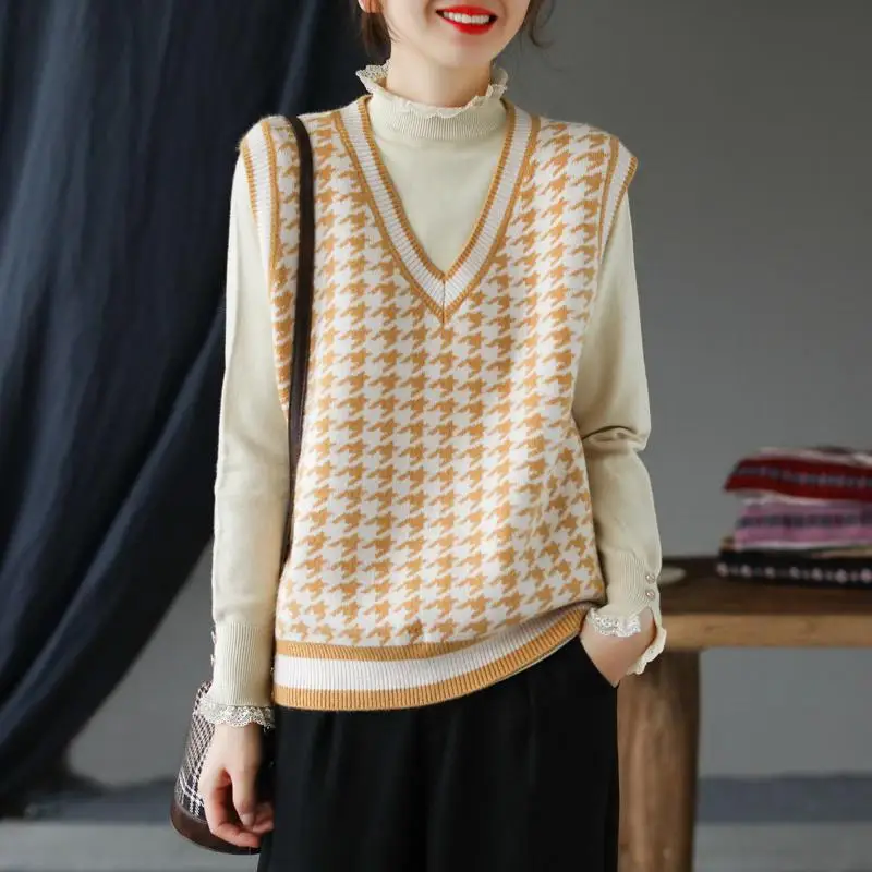 

College Knitted Vest Sweater Women Sleeveless Vintage V-neck Pull Femme Nouveaute Houndstooth Sleeveless Knitted Sweater Female