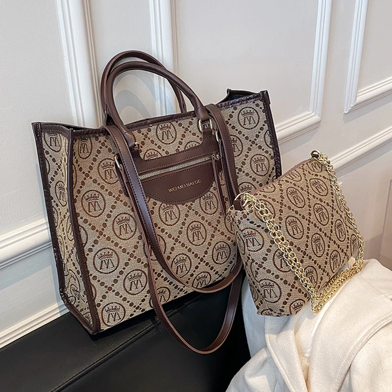 

Vintage 2 Pcs Big Handbag Purses for Women Shoulder Bags 2021 New Fashion Canvas Ladies Casual Totes for Work High Quality