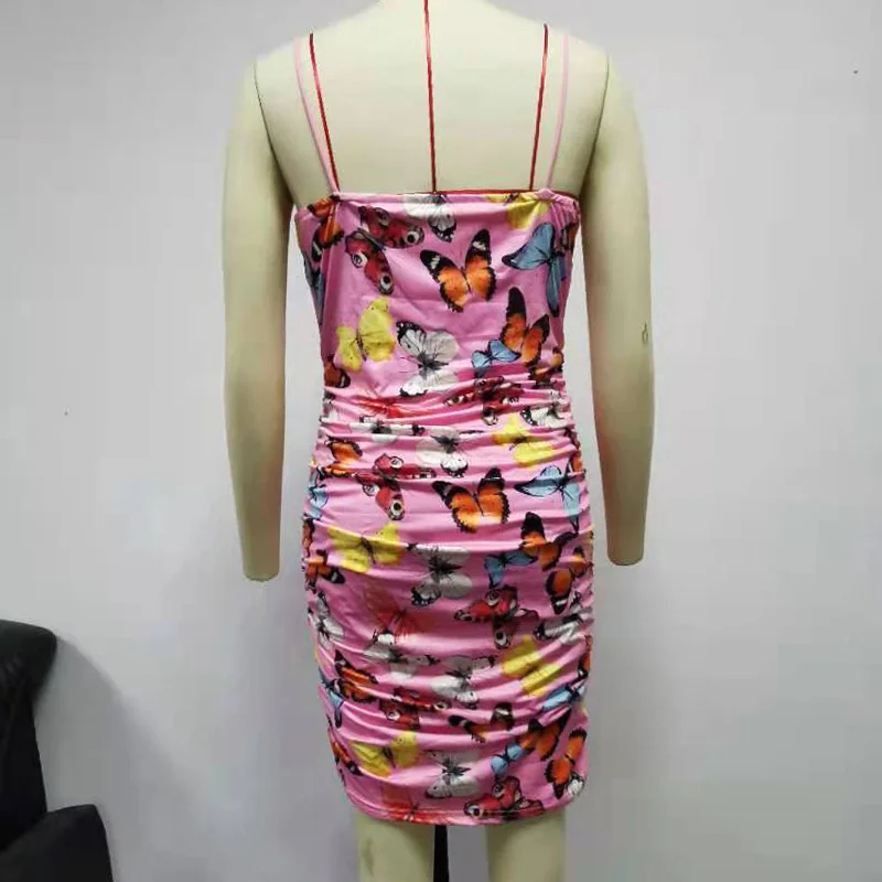 

High Street Butterfly Print Spaghetti Strap Dress Women 2021 Summer Bodycon Backless Pleated Ladies Party Mini Dress