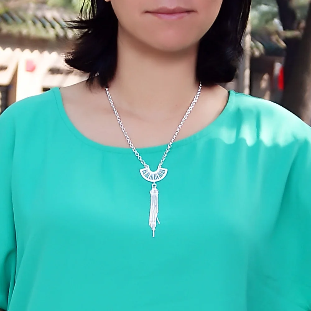

Long tassels necklace 925 sterling silver fan shape pendant Necklace For Women Multilayer New Trend Female Jewelry Collar