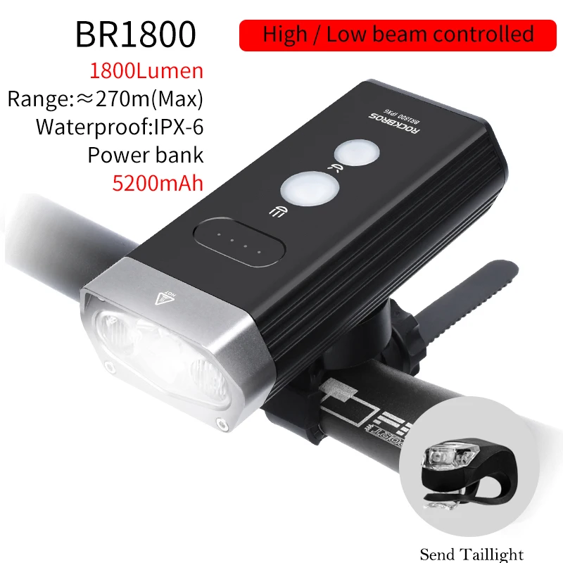 BR1800 ROCKBROS, 1800 люмен, велосипедный светильник, 3 светодиода, USB, перезаряжаемый, велосипедный головной светильник, водонепроницаемая лампа, светильник-вспышка, 5200 мА/ч, Аксессуары для велосипеда - Цвет: BR1800