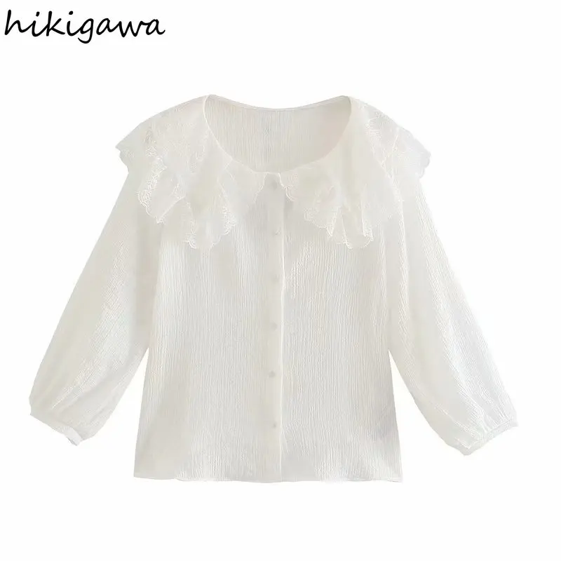 

Рубашки Hikigawa, модные кружевные блузки с воротником «Питер Пэн», Корейская женская одежда, рубашка, Осенние блузки с оборками и длинным рукав...