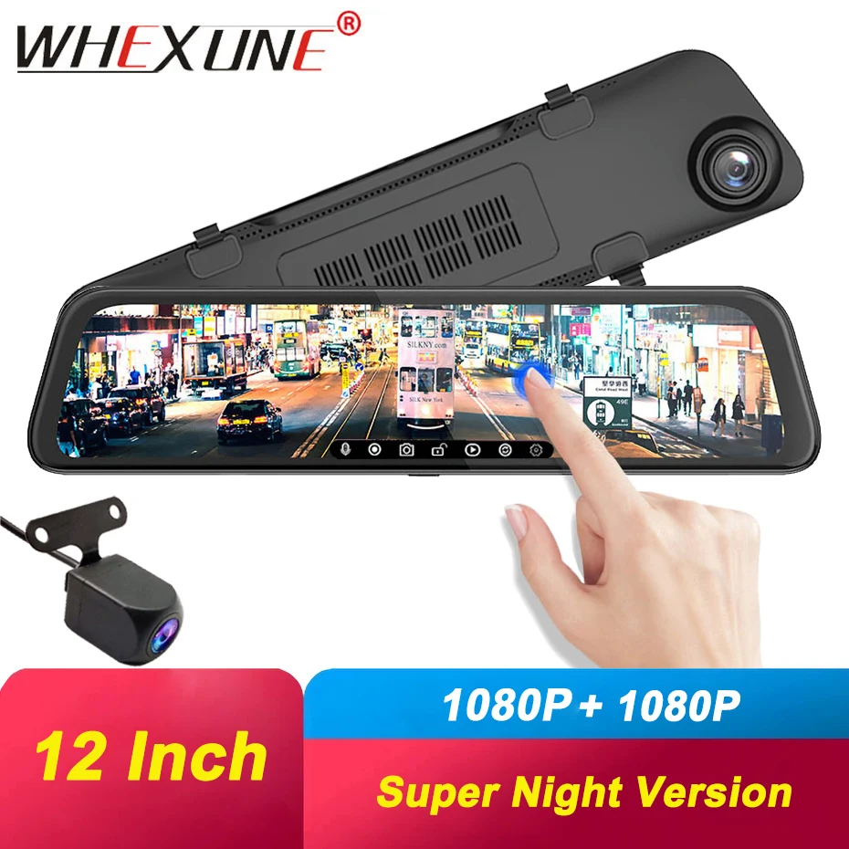 

WHEXUNE Car Dvr Stream RearView Mirror Dash Cam 12 Inch full HD 1080P Video Recorder With Rear View Camera Night Vision Dash Cam