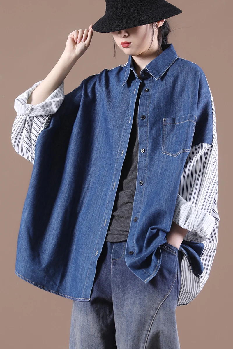 

IEQJ 2021 new spring and autumn fashion women clothes turn-down collar striped loose big size denim shirt female top WP47605